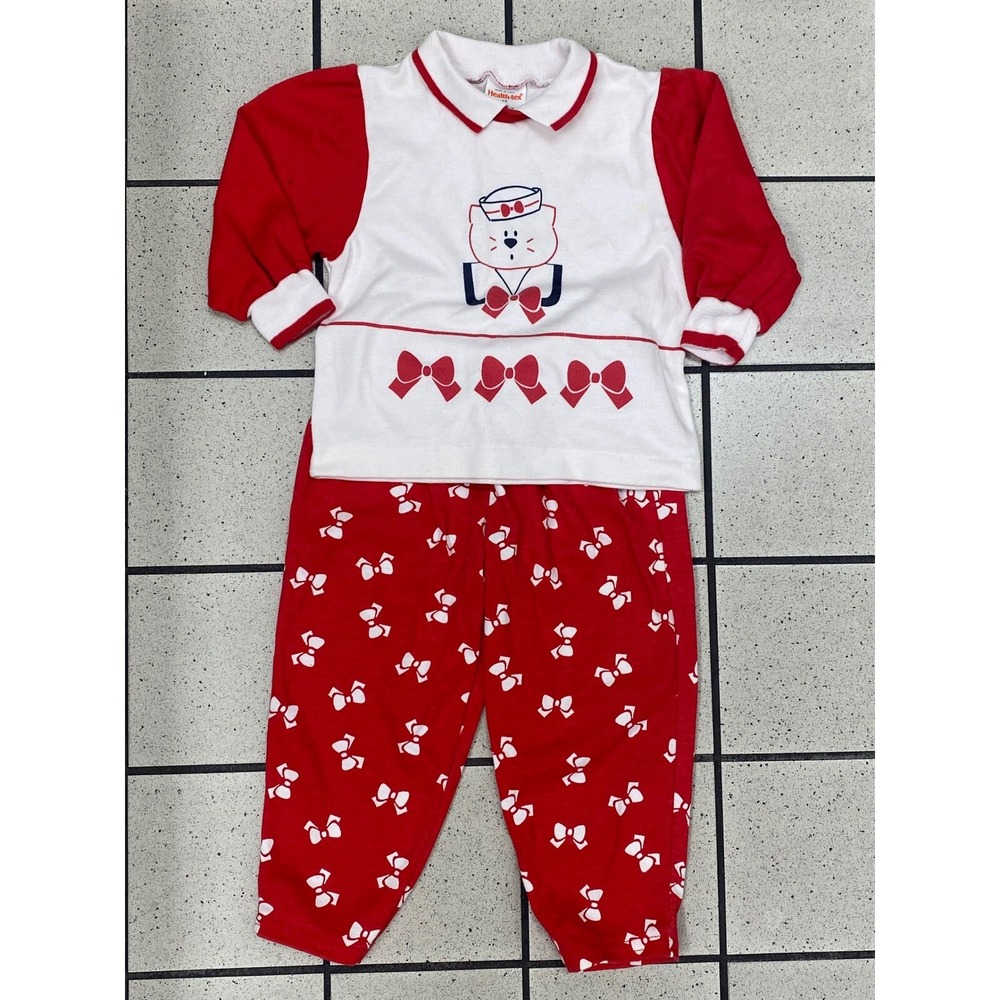 Health-tex Vintage Pajama Set Sailor Bear Bows Red White 3T